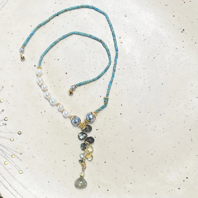 Ladies Necklaces Soft Shine-Afghan Turquoise, & Baroque Pearl, Labradorite & Sapphire Necklace