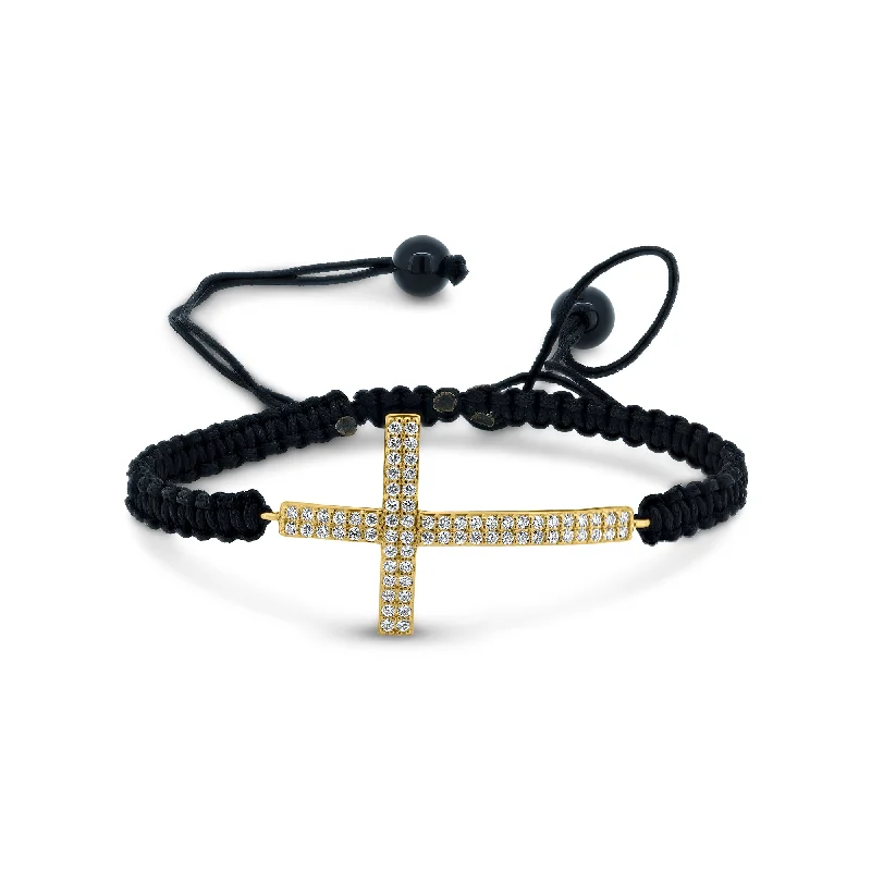 Ladies Bracelets Artful Glow-Silver 925 Gold Plated Sideways Cross CZ Black Braided Cord Bracelet - BGB00179GP