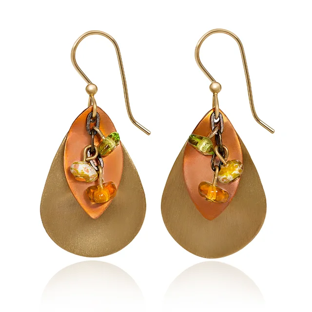 Ladies Squad Symbol Earrings -Silver Forest Earrings Orange Gold Layered Shapes with Cascading Beads