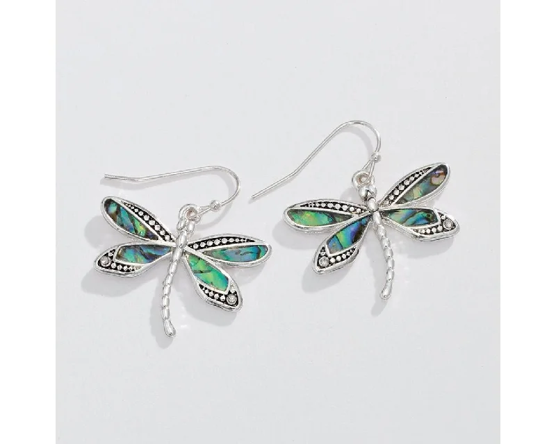 Ladies Antique Charm Earrings -Periwinkle by Barlow : Silver dragonflies with abalone - Earrings