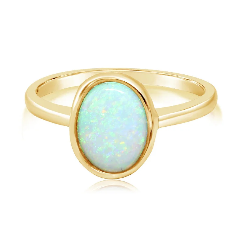 Ladies Winter Frost Rings -14K Yellow Gold Oval Australian Opal Ring