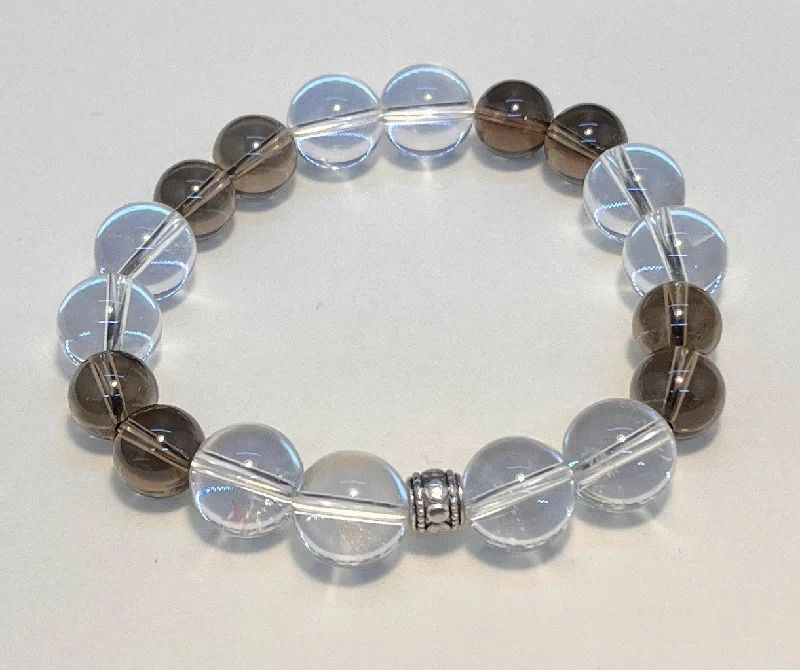 Ladies Bracelets with Celestial Shine-Clear Quartz with 10mm Smoky Quartz Stretchy Bracelet