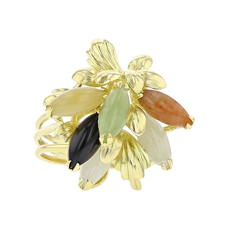 Ladies Monogram Rings -14K Yellow Gold Multi Color Agate Flower Ring