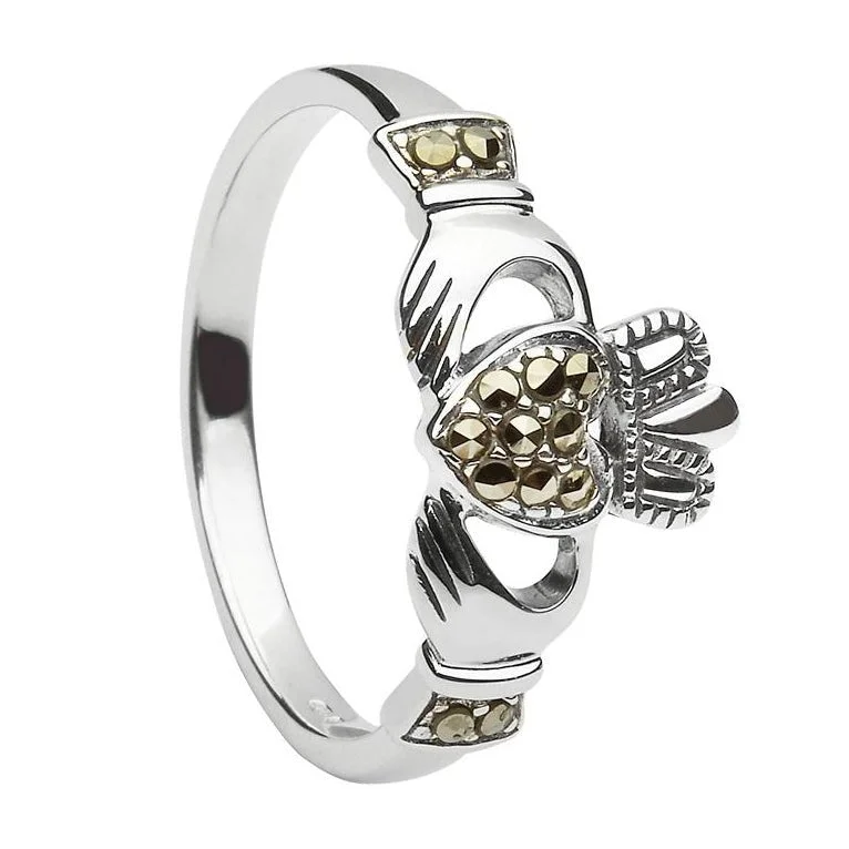 Ladies Romantic Couple Rings -Sterling Silver Marcasite Claddagh Ring - ANU3001