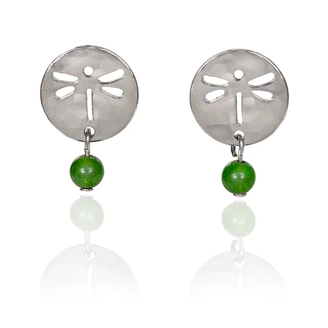 Ladies Quirky Design Earrings -Silver Forest Earrings Dragonfly Stamped Silver Coin with Green Bead