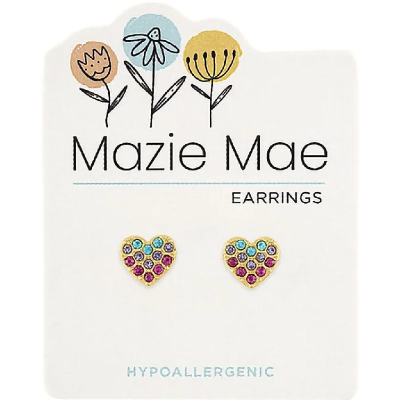 Ladies Enamel Painted Earrings -Center Court : Gold Multi-Color CZ Heart Stud Mazie Mae Earrings