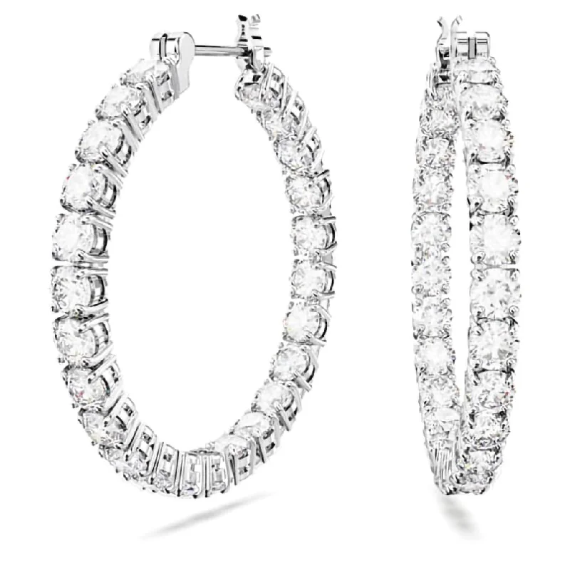 Ladies Yellow Gold Earrings -Swarovski : Matrix Hoop Earrings in White - Round Cut, Rhodium