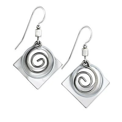 Ladies Matte Finish Earrings -Silver Forest Earrings Silver Round Swirl on Rhombus