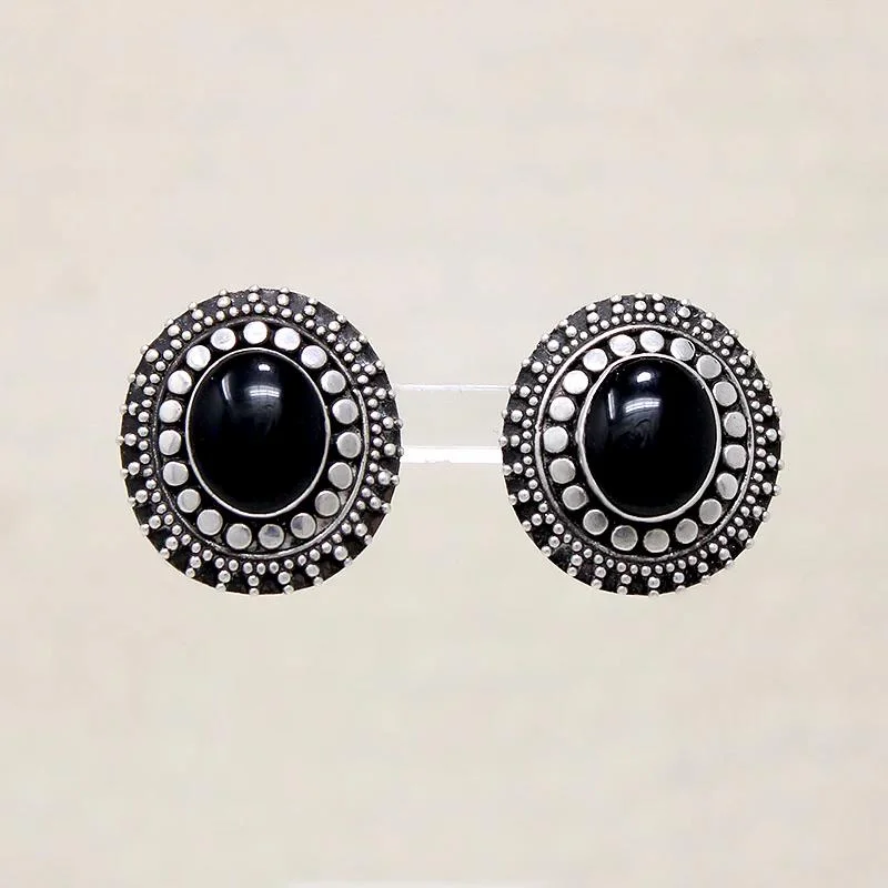 Ladies Jade Carved Earrings -Ornate Silver Bead & Onyx Clip On Earrings