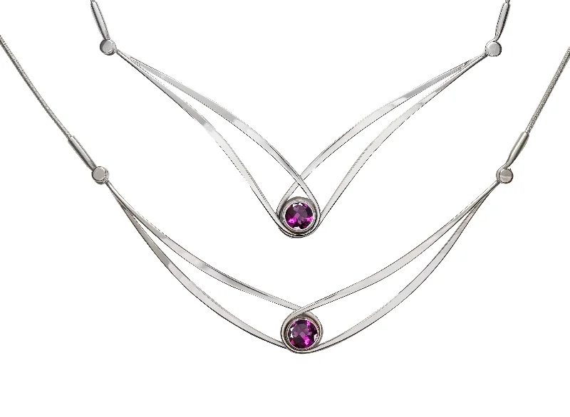 Ladies Necklaces for Pioneer Glow-Garnet Swing Necklace in Silver by E.L. Designs