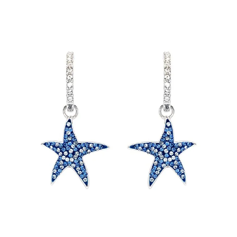 Ladies Love Knot Earrings -Ocean : Sterling Silver Sapphire Blue Crystals Starfish Hoop Earrings