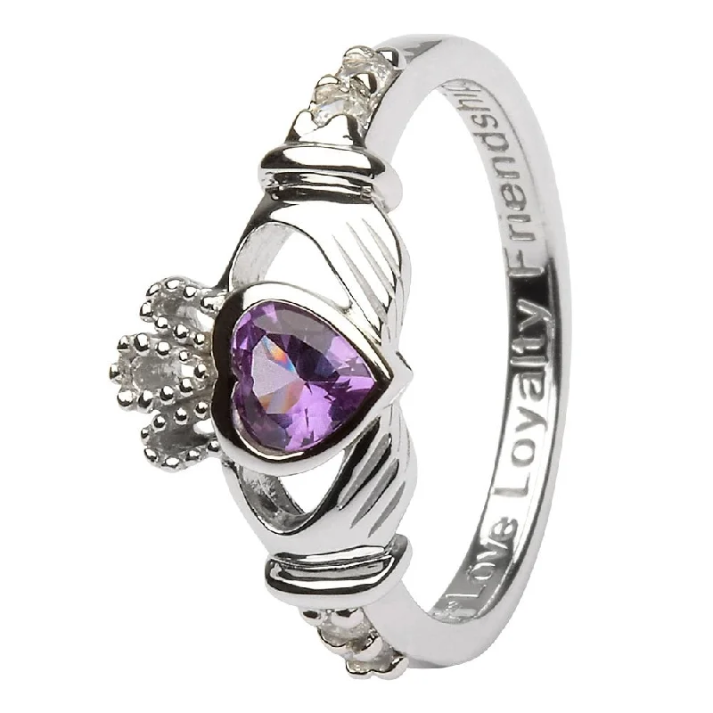 Ladies Star Sign Rings -JUNE Birthstone Silver Claddagh Ring LS-SL90-6 Inscribed with "Love Loyalty Friendship"