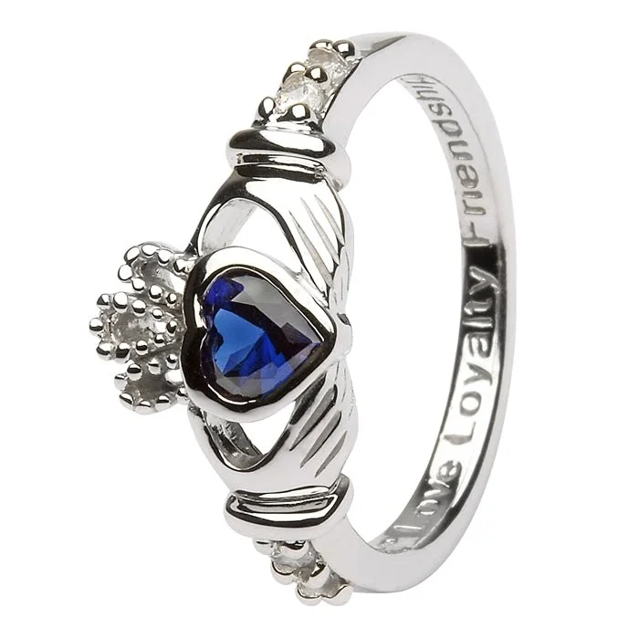 Ladies Celestial Charm Rings -SEPTEMBER Birthstone Silver Claddagh Ring LS-SL90-9 Inscribed with "Love Loyalty Friendship"