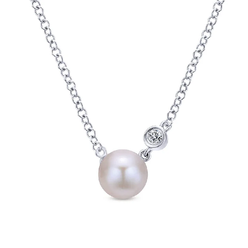 Ladies Necklaces with Blue Pectolite-Pearl Necklace with Diamond Accent in Silver by Gabriel & Co.