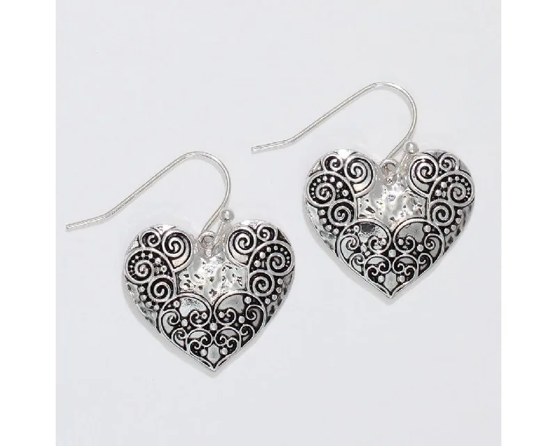 Ladies Ceramic Tile Earrings -Periwinkle by Barlow : Silver Hearts with Scroll Detail - Earrings