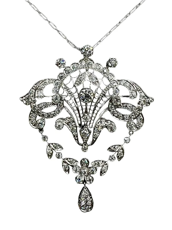 Ladies Necklaces with Diamond Drops-Edwardian Old European Diamond Platinum Brooch Pendant Necklace Circa 1910