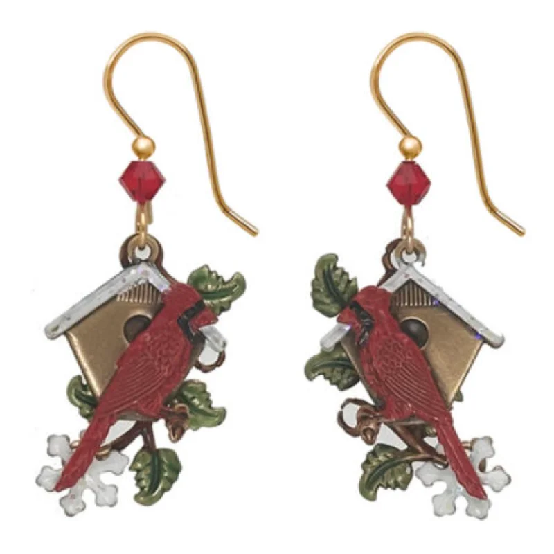 Ladies Extravagant Drop Earrings -Silver Forest Earrings Cardinal with Birdhouse and Red Bead