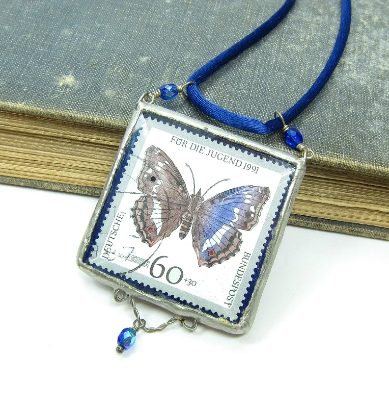 Ladies Necklaces with Moon Pendant-Blue Butterfly Necklace with German Postage Stamp Soldered Pendant