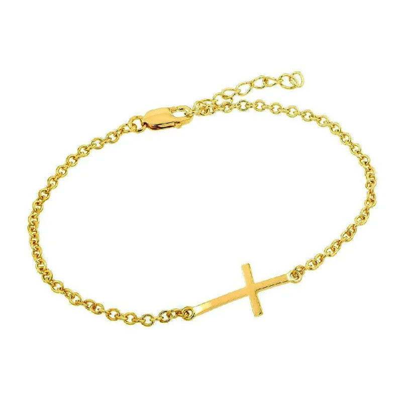 Ladies Bracelets for Youth Shine-Silver 925 Gold Plated Sideways Cross CZ Bracelet - BGB00110GP