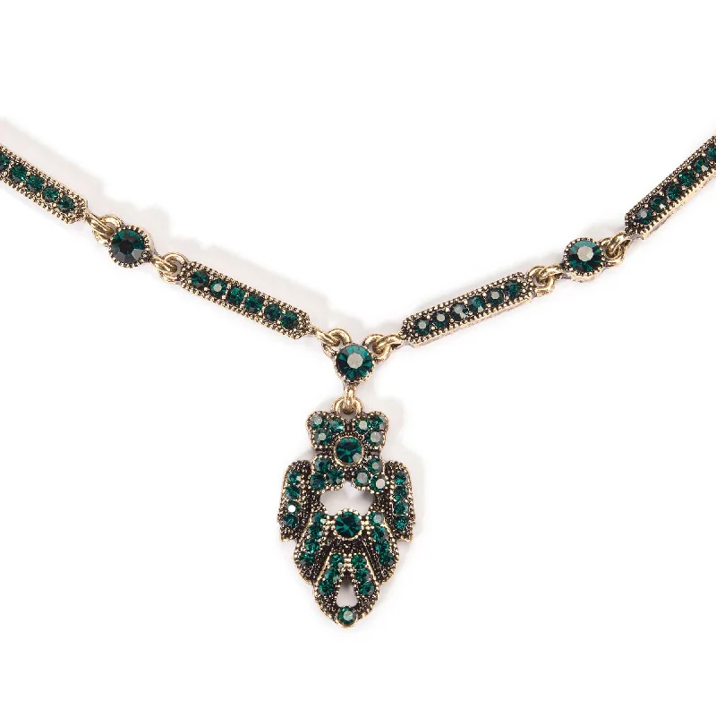 Ladies Necklaces for Beach Glow-Brass and Emerald Art Deco pendant Necklace: 1920s crystal necklace