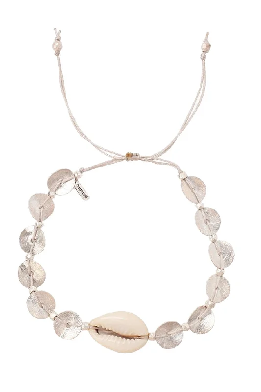 Ladies Bracelets with White Muscovite-Discs and Cowry Shell Pull-Tie Bracelet