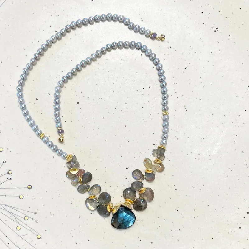 Ladies Necklaces Crafted Spark-Gray Fresh Water Pearl, Labradorite  & Sapphire Broiolettes  Necklace