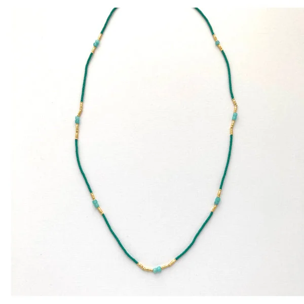 Ladies Necklaces Dark Shine-Jade glass seed and amazonite bead necklace