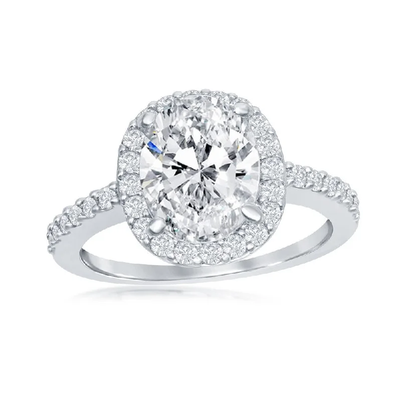 Ladies Magical Engagement Rings -Sterling Silver Large Oval Halo CZ Engagement Ring - W-2404