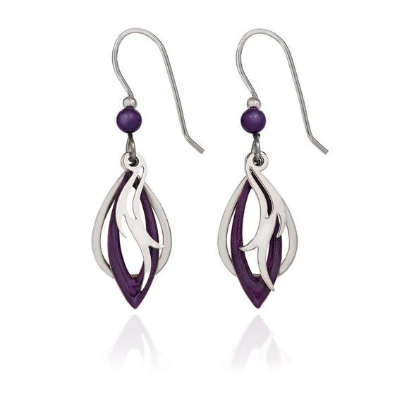 Ladies Aged Metal Earrings -Silver Forest Purple and Silver Metal Teardrop Earrings