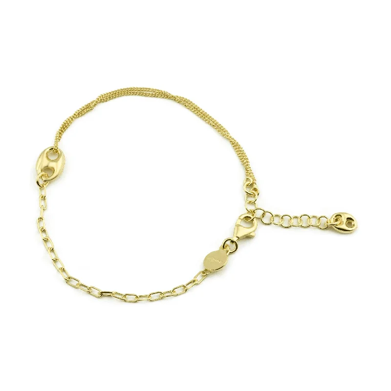 Ladies Bracelets with Pure Danburite-Gold Plated 925 Sterling Silver Puffed Mariner Charm Double Strand Curb and Paperclip Adjustable Bracelet - ITB00329-GP