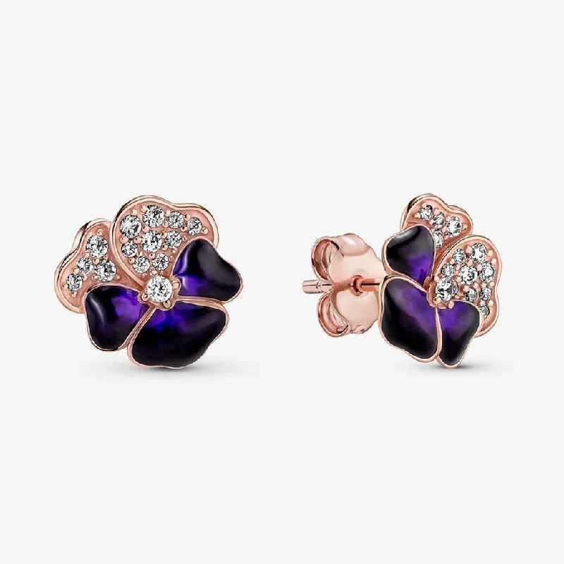 Ladies Key Motif Earrings -PANDORA : Deep Purple Pansy Flower Stud Earrings