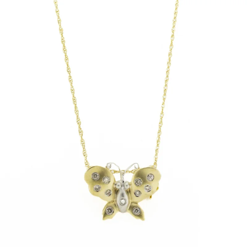 Ladies Necklaces with Spiral Shine-0.2ctw Diamond Butterfly Pendant on 17" Necklace in 14K Yellow Gold