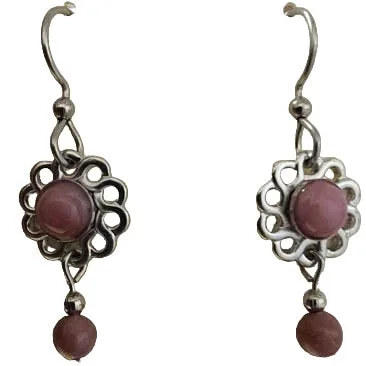 Ladies Shimmering Gem Earrings -Silver Forest Pink Stone on Spiral Drop Earrings