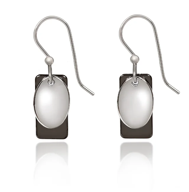 Ladies Edgy Style Earrings -Silver Forest Earrings Mini Layered White Oval on Black Rectangle Silver Drop