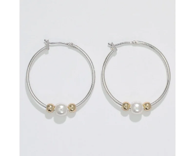 Ladies Solid Heavy Earrings -Periwinkle by Barlow : Silver hoops with gold & pearls - Earrings