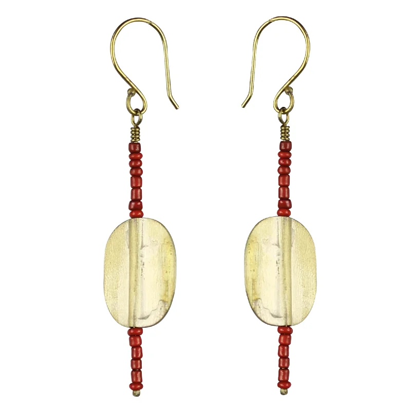 Ladies Soft Tone Rings -Earring, Brass Oval, Red Beaded Stem