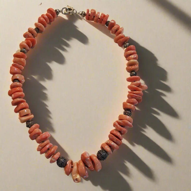 Ladies Necklaces Low Price-Necklace with baroque Pink Coral Stones (Angel Skin) and Silver Elements