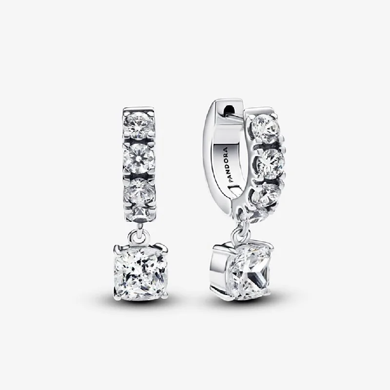 Ladies Sterling Silver Earrings -PANDORA : Pavé Dangle Hoop Earrings