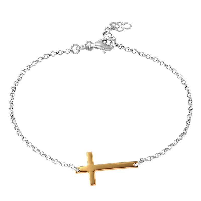 Ladies Bracelets Retro Shine-Silver 925 Rhodium Plated Italian Rolo Chain with Gold Plated Cross Bracelet - ARB00020RH-GP