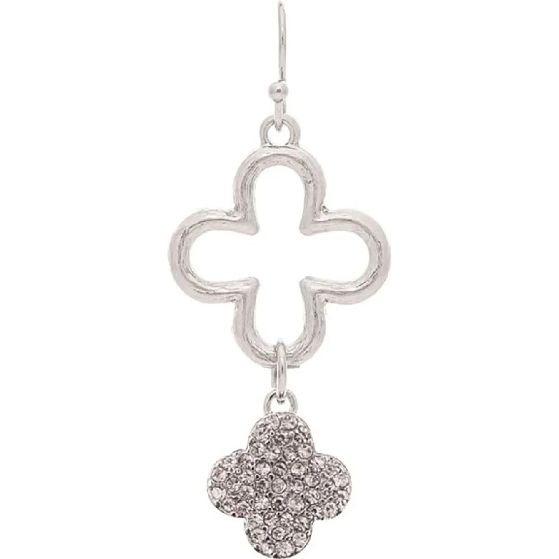 Ladies Compass Charm Earrings -Rain : Silver Clear Crystal Pave Clovers Earrings