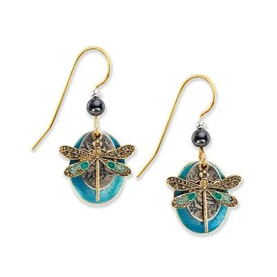 Ladies Butterfly Charm Earrings -Silver Forest Earrings Gold Dragonfly on Blue