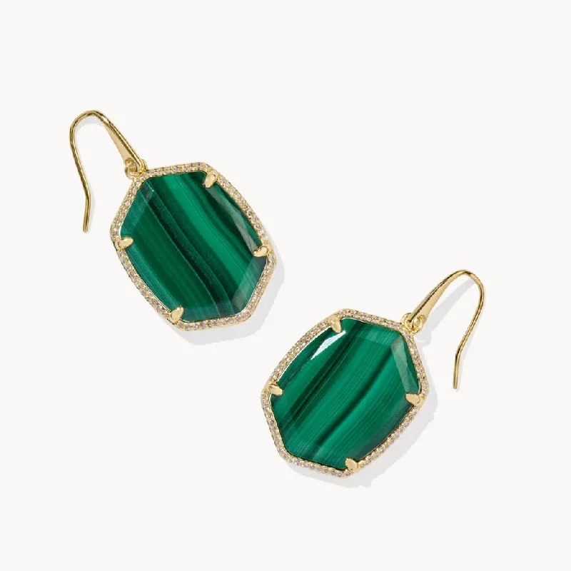 Ladies Cosmic Wave Earrings -Kendra Scott : Daphne Gold Metal Pave Frame Drop Earrings in Green Malachite