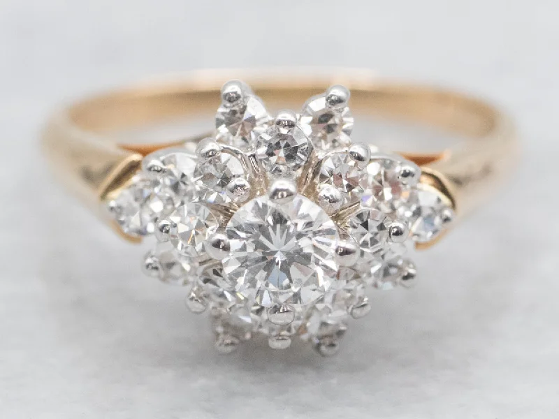 Ladies High-End Engagement Rings -Tow Tone Diamond Cluster Engagement Ring