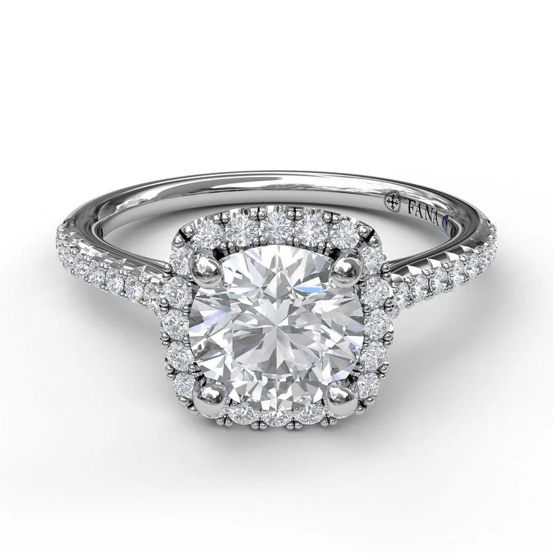 Ladies Zodiac Engagement Rings -Delicate Cushion Halo Engagement Ring With Pave Shank S3790