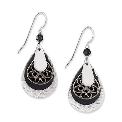 Ladies Birthstone Gem Earrings -Silver Forest Earrings Silver Black Tear Filigree