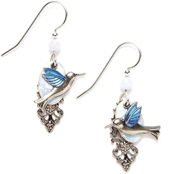 Ladies Floral Pattern Earrings -Silver Forest Hummingbird On Cloud Earrings