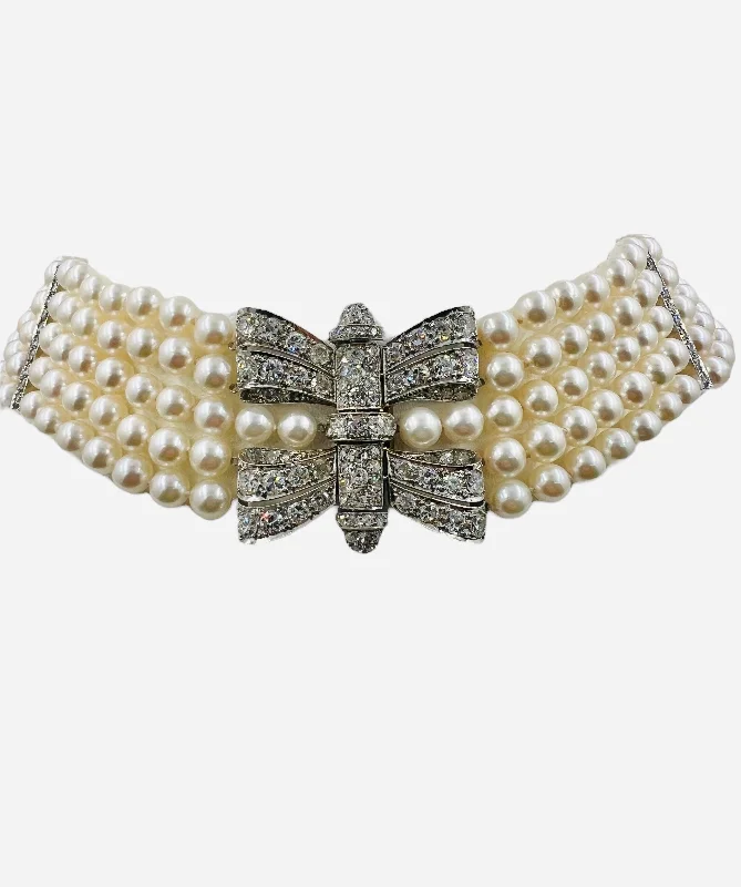 Ladies Necklaces Ethnic Spark-Art Deco Pearl Diamond Platinum Choker Collar Necklace