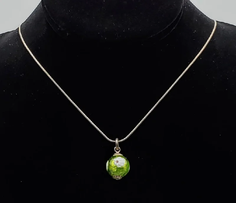 Ladies Necklaces Bright Shine-Vintage Green Floral Glass Bead Pendant on Italian Sterling Silver Necklace - 18"