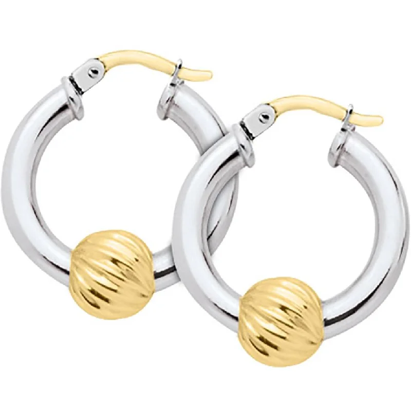 Ladies Boho Chic Earrings -LeStage® Cape Cod : Two Tone Sterling Silver with 14k Gold Swirl Ball Earrings 21mm Hoop