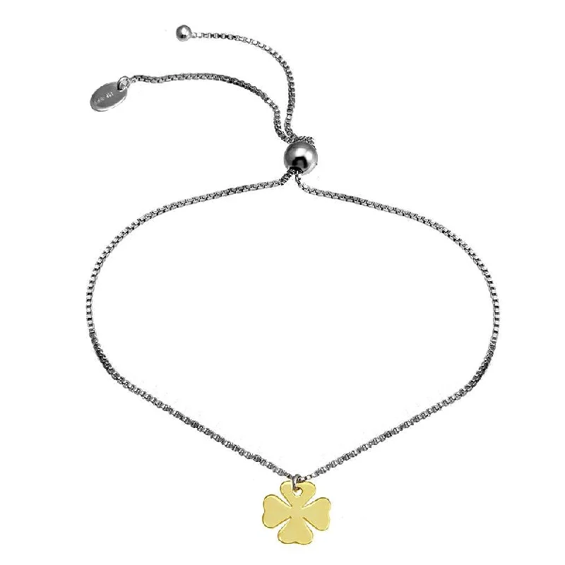 Ladies Bracelets with Cyan Euclase-Rhodium Plated 925 Sterling Silver Lariat Bracelet with Gold Plated Clover Charm - SOB00003